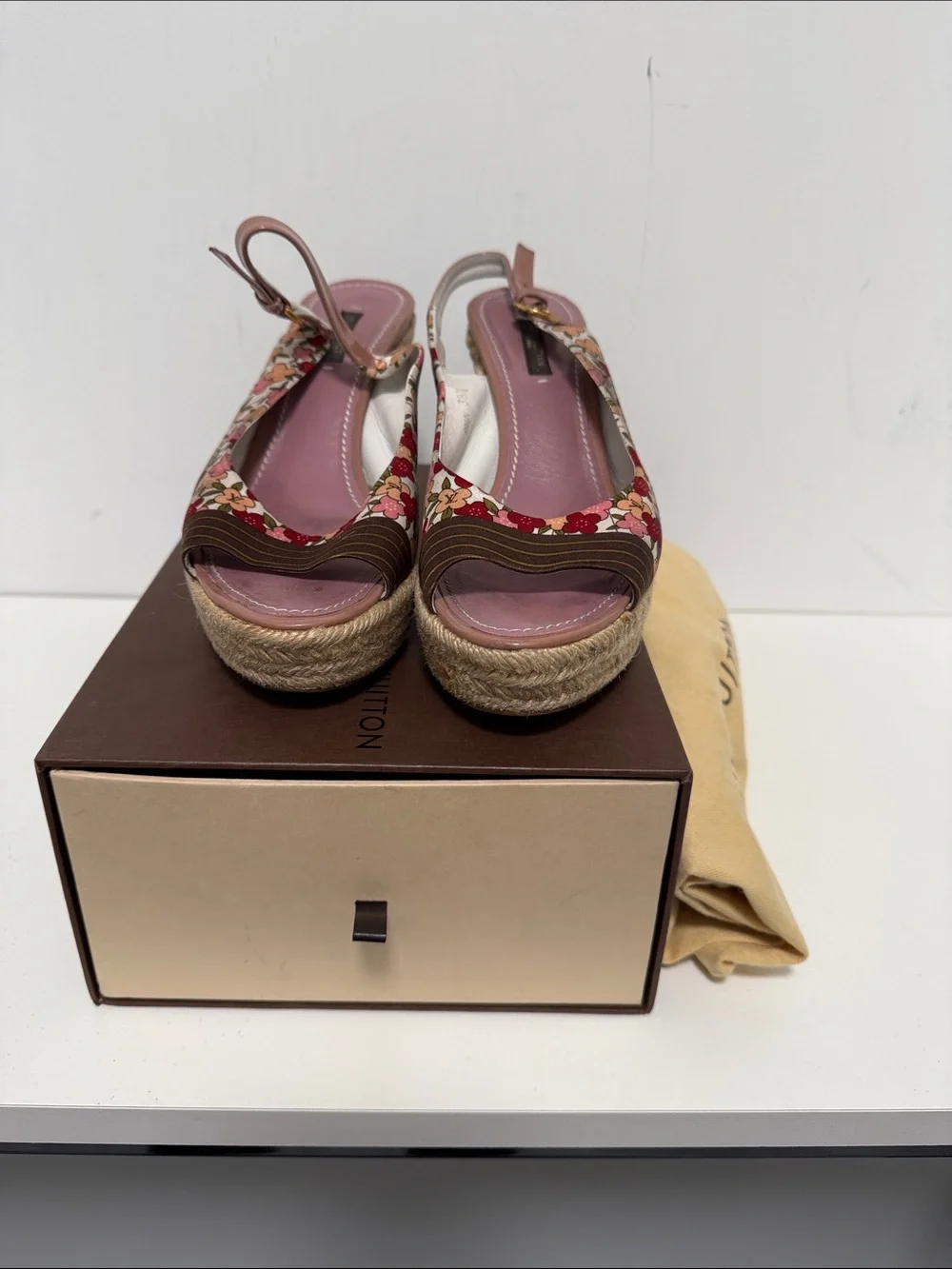 Louis Vuitton Floral Canvas Espadrille Wedge Sandals in Red, Pink and Brown